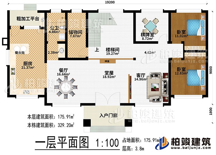 一层：入户门廊、堂屋、神龛、客厅、餐厅、厨房、柴火灶、粗加工平台、储物间、楼梯间、棋牌室、2卧室、公卫
